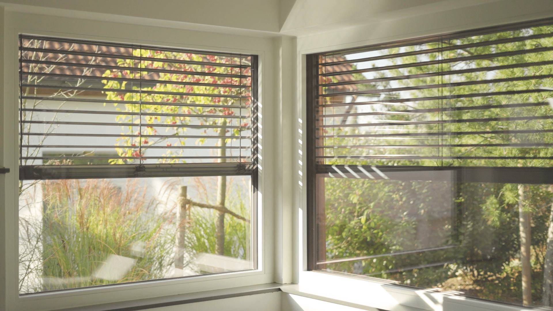 Rolladen-23 Fenster mit horizontalen Jalousien, durch die Sonnenlicht fällt, bietet einen Blick auf einen grünen Garten.