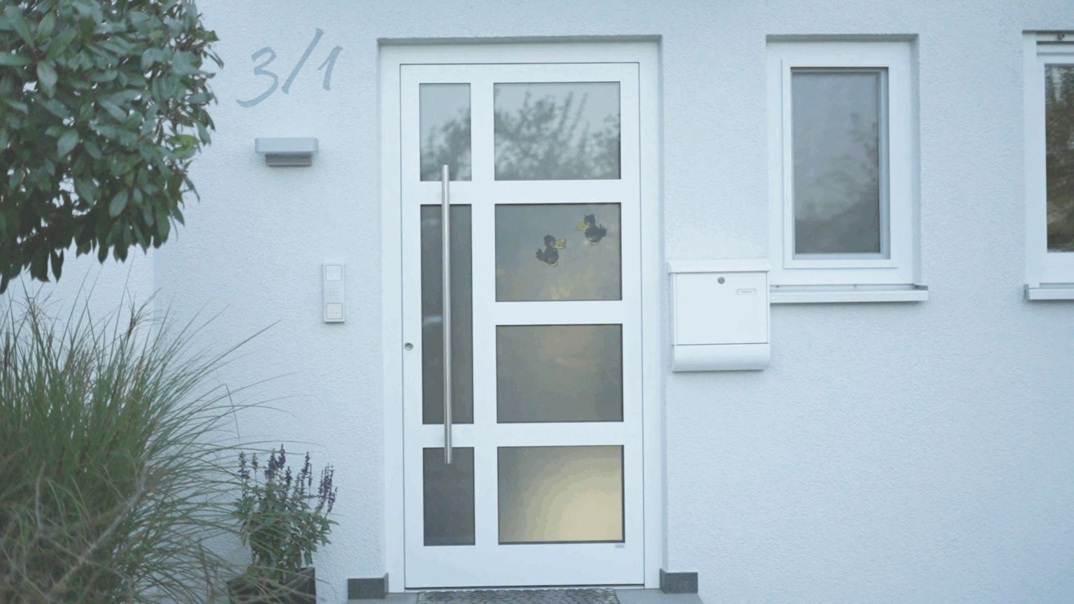 Türen-8 Moderne weiße Eingangstür mit Glaspaneelen, Hausnummer 3/1, umgeben von Pflanzen und einem weißen Briefkasten.
